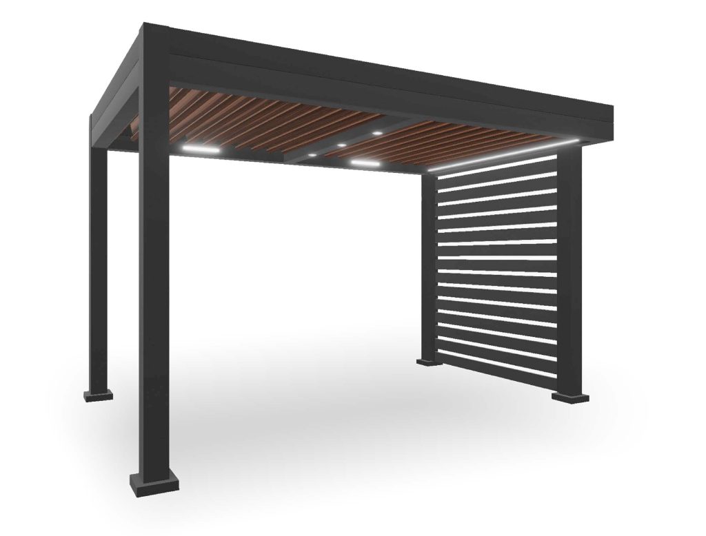 ergola bioclimatique motorisée Azenco équipée d'accessoires sur mesure : moustiquaire MagnaTrack, éclairage LED et parois de protection.